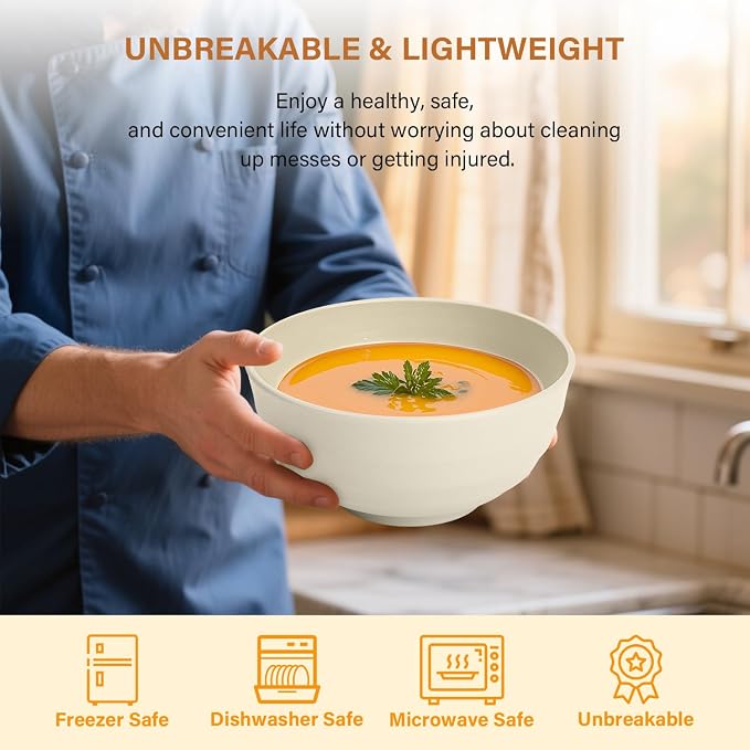 Unbreakable Large Salad Bowls Set of 6, 60oz Large Wheat Straw Bowls for Cereal, Salad & Pho, Ideal for RV & Camping, Microwave Safe Alternative to Plastic Bowls - Beige