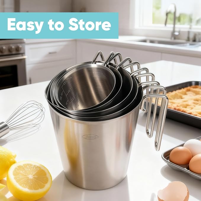 Newness 5-Pack Stainless Steel Measuring Cups Set, Metal Measuring Cup | (3 Marking, Cup/ML/Oz Scale)(2, 3, 4, 6 & 8 Cup) Metal Measuring Cup with Handle For Prepping, Baking and Cooking, Dishwasher
