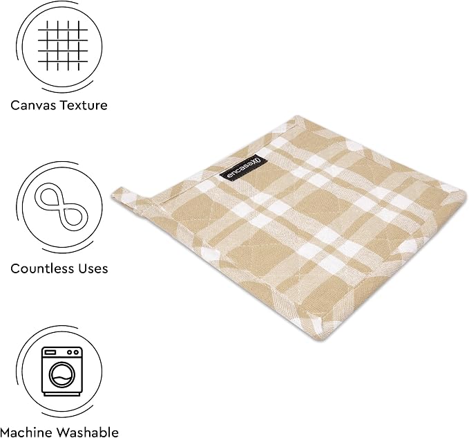 Encasa XO Pot Holders, Quilted Kitchen Hot Pads 8"x8" Franca Beige Checks | 100% Eco-Friendly Cotton | Thick Cotton Padding Insulation | Convenient Hanging Loop | Set of 2