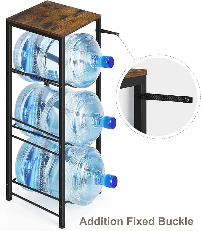 5 Gallon Water Jug Holder 3-Tiers Water Dispenser Stand Rack, Water Bottle Organizer with Storage Shelves for Kitchen Living Room Office, Rustic Brown