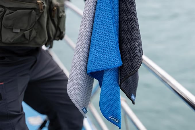 Microfiber Fishing Towels with Clip, Waffle Pattern for Effective Cleaning of Fishing Gears or Dirty Hands, 16” x 16”, Camping Towels, Hiking Towels, Pack of 3 (Black/Grey/Blue)