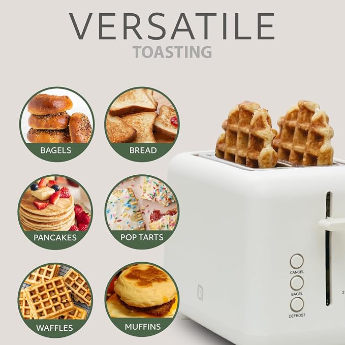 WILLOW Eco Series 2-Slice Toaster, Extra-Wide Slots for Bagels & Artisan Bread, 6 Shade Browning Settings, High-Lift Toast Boost, Removable Crumb Tray, Cancel/Defrost Buttons, Toaster 2 Slice