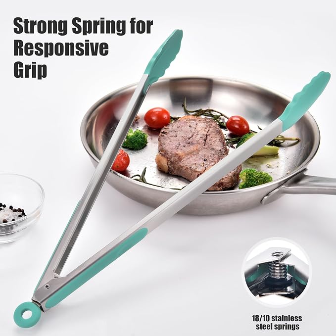 Doosu Kitchen Tongs with Silicone Tips for Cooking Serving (16in, Aqua Sky) | 600°F Heat Resistant Food Tong, Heavy Duty Stainless Steel Locking Tong for BBQ, Grilling Steak, Salad, Toast, Pasta
