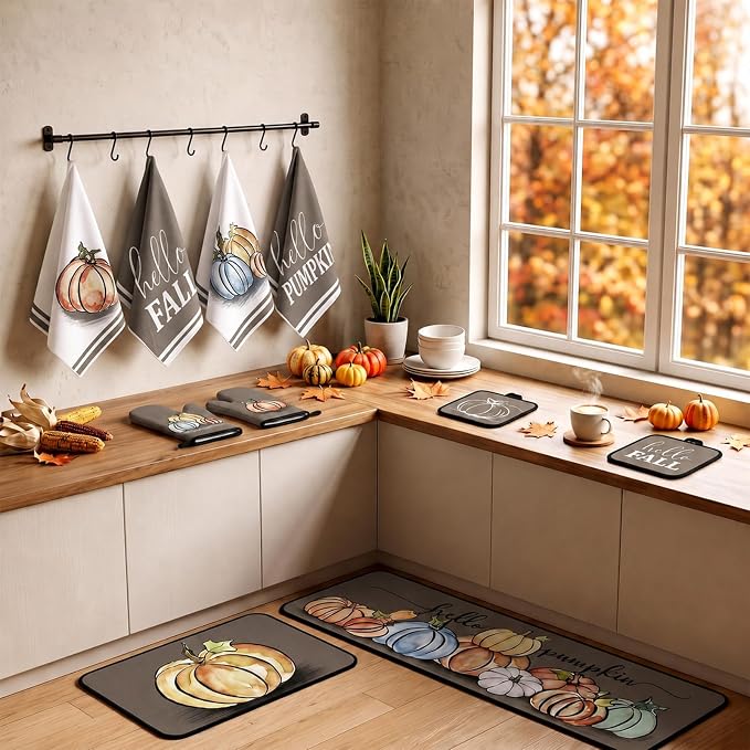 Fanfanwin 10 Pcs Fall Pumpkin Kitchen Decor and Accessories Set Kitchen Towels Pot Holders Oven Mitts and Rugs Set Thanksgiving Towels for Cooking Baking Gift Harvest Autumn Home Decor