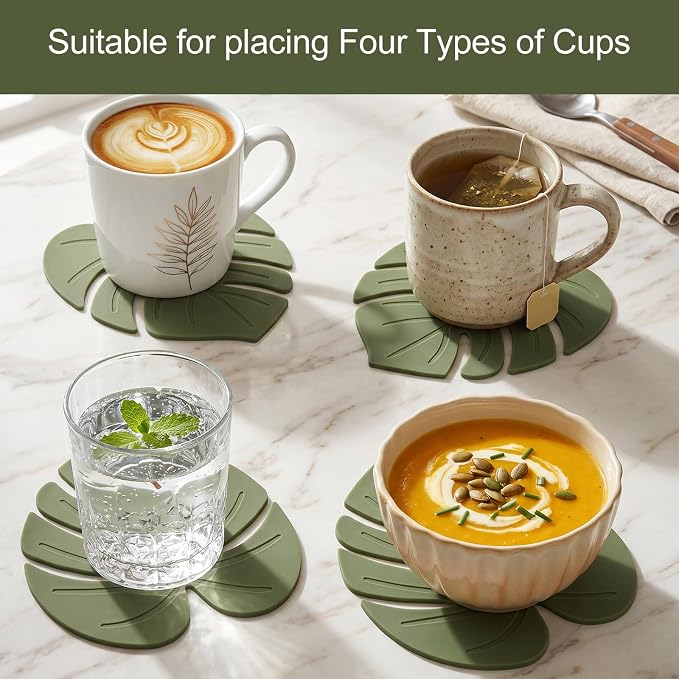 2 Pcs Plant Leaf Coaster, Cute Green Leaf Silicone Heat-Resistant Drink Trivet Mats Non-Slip Cup Pads for Table Countertop Kitchen Home Office Decor(4.13×4.72 Inch)