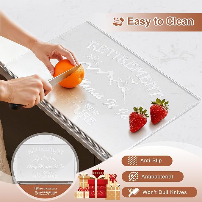 Engraved Acrylic Cutting Board with Counter Lip - Retirement Gifts for Woman Men Clear Counter Protector Kitchen Decor Happy Retirement Gifts for Teachers Mom Dad Coworker Boss Friends Retirees