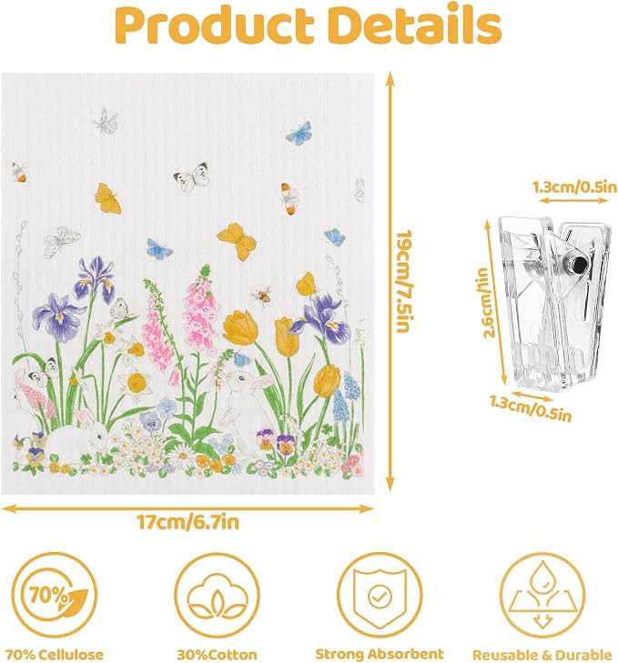 6 Pack Spring Floral Swedish Dishcloths for Kitchen, Absorbent Dish Cloths | Swedish Rags Dish Towels with Adhesive Clips, Reusable Paper Towels No Odor for Cleaning Sink Kitchen