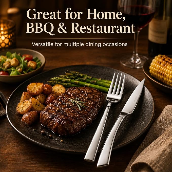 SANTUO 20-Piece Steak Knife and Fork Set for 10, Stainless Steel Steak Knives with Dinner Forks, Serrated Steak Knife Set, Heavy Duty Flatware, Dishwasher Safe for Kitchen, Restaurant and BBQ