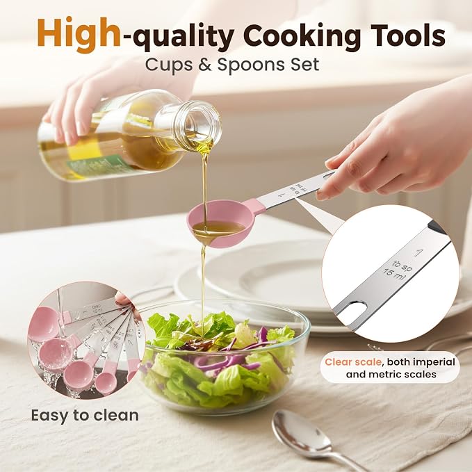 16PCS Measuring Cups and Spoons Set, Measuring Spoon Set with Metric and US Measurements, Fits for Measuring Dry and Liquid (Pink)