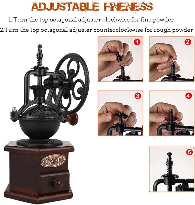 Coffee Grinder, Wooden Manual, Brown, Six Deformation Base | Cast Iron Hand Crank, Antique Coffee Mill, Roller Design, For Mesh Coffee, Decoration & Gift