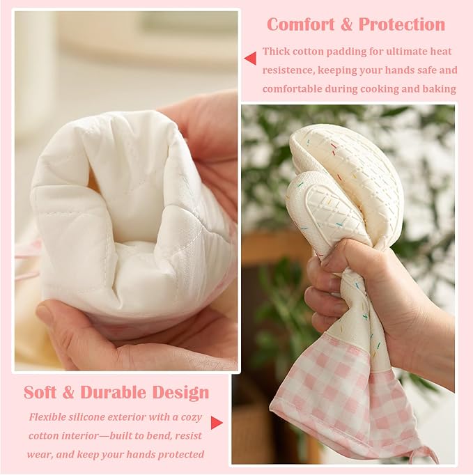 Wanheart Heat Resistant Silicone Oven Mitts, Pink Cooking Gloves, 2 Pack | Heat Resistant, Non Slip Grip, Cute Pink Design, Easy Clean, Cotton Lined