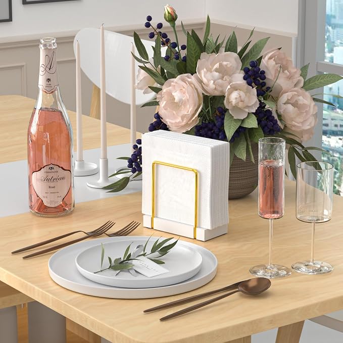 Wican Napkin Holder for Table, Bamboo Iron Standing Napkin Dispenser | Dining Table Farmhouse Cocktail Picnic Rustic Wood Holders, Suitable for All Kitchen Dining Room Decor, Gold & White