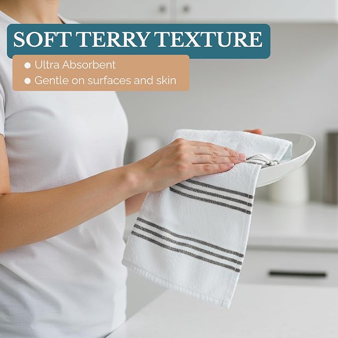 Casa Platino Kitchen Towel Set 8 Pc - 4 Dish Towels (16"x26") & 4 Dish Cloths for Washing Dishes (13"x13") - Absorbent Tea Towels, Quick Drying & Durable Cleaning Cloths, Easy Care Wash Rags - Grey.
