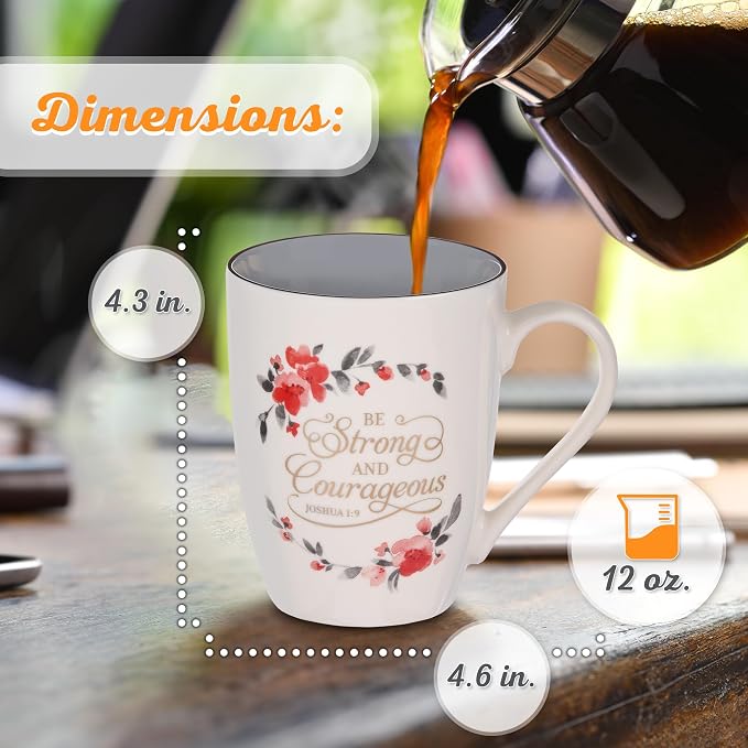 Christian Art Gifts Encouraging Coffee & Tea Ceramic Scripture Mug for Women: Strong & Courageous Golden Inspirational Bible Verse, Cute Novelty Non-toxic Drinkware, White/Gray & Pink Floral, 12 oz.