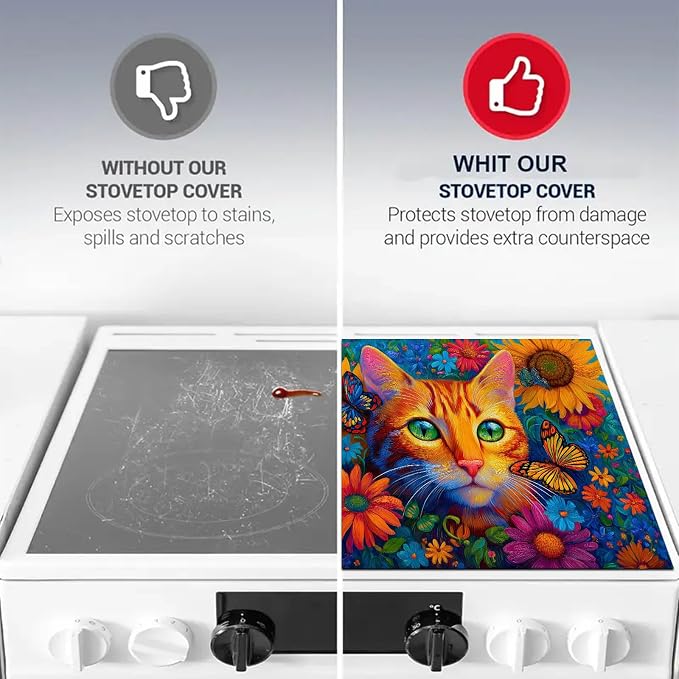 HOMETITUTE Vibrant Cat Stove Top Covers for Electric Stove Cover 28x20 Inches Heat Resistant Diatomite Glass Top Pad Protector Stovetop Cover Decorative Kitchen Mat for Cooktop Countertops and Sinks