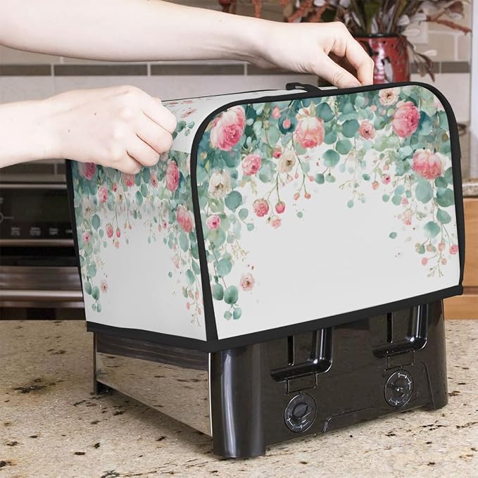 4 Slice Toaster Cover Watercolor Flowers Leaves Toaster Covers Four Slice Wide Slot Waterproof and Dustproof Covers for Wide Slot Toasters and Small Appliances Kitchen Decor Gifts