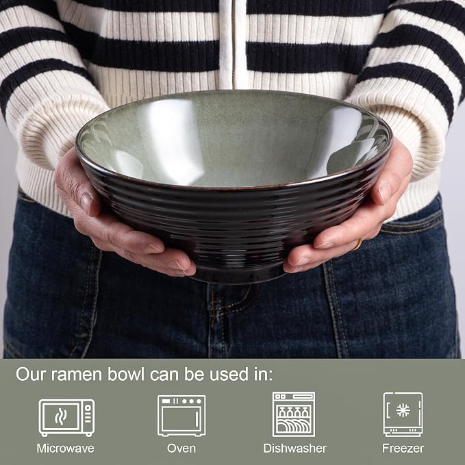 Ceramic Japanese Ramen Bowl Set, 2 Sets Asian Pho Udon Soup Noodle Bowls with Spoons and Chopsticks (Grayish Green, 8 inches)