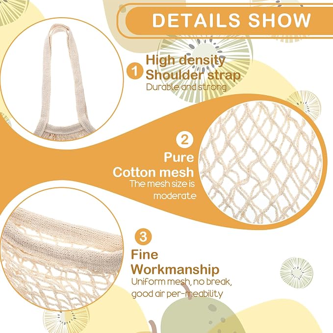 Lemecima 12 Pcs Reusable Cotton Mesh Produce Shopping Bags Washable Grocery Net Portable Fruit and Vegetable Cotton String Bags Long Handle Net Tote Organizer(Long Handle)
