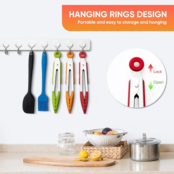 Small Silicone Tongs for Cooking, 3 PCS 7-Inch Mini Serving Tong | 600℉ Heat-Resistant,Non-Stick,Stainless Steel Tongs with Silicone Tips,Cooking Tongs for Salad/Buffet/Serving Food,Heavy Duty