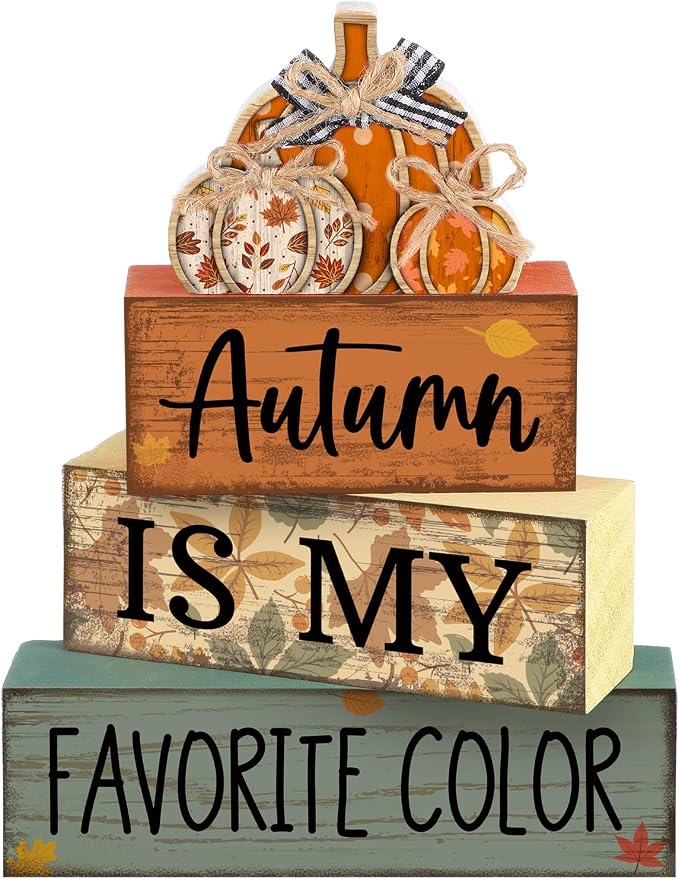 Lineshading 4 Pcs Fall Block Signs with Pumpkin Autumn Farmhouse Decor | Stackable Wooden Signs for Tiered Tray, Rustic Pumpkin Centerpiece, Thanksgiving Harvest Decorations, Autumn Gift Set