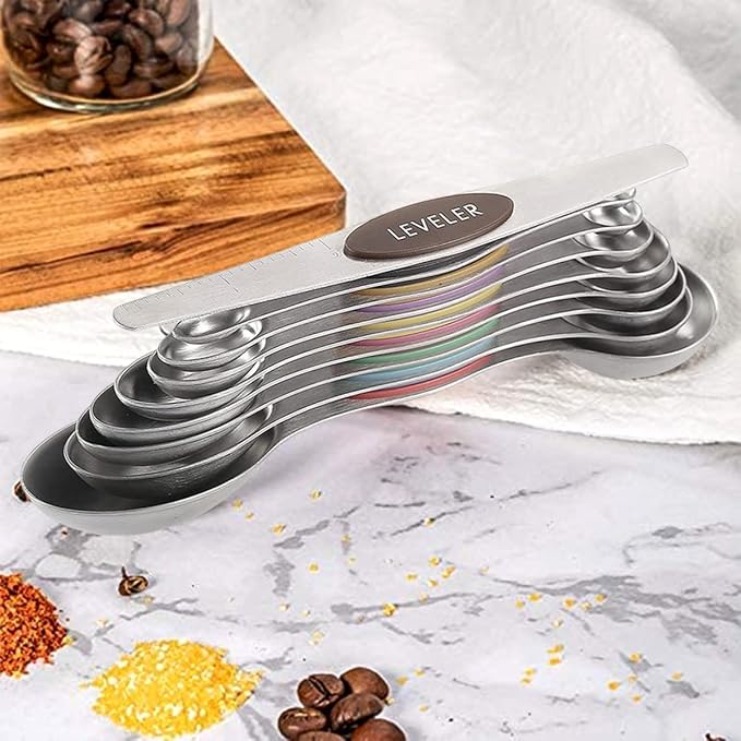 19-Pc Magnetic Measuring Cups and Spoons Set, with Lid, Rainbow | Includes 1 cover, 9 stackable cups set & 9 multicolor magnetic spoons, BPA-free & dishwasher safe, for liquid & dry baking