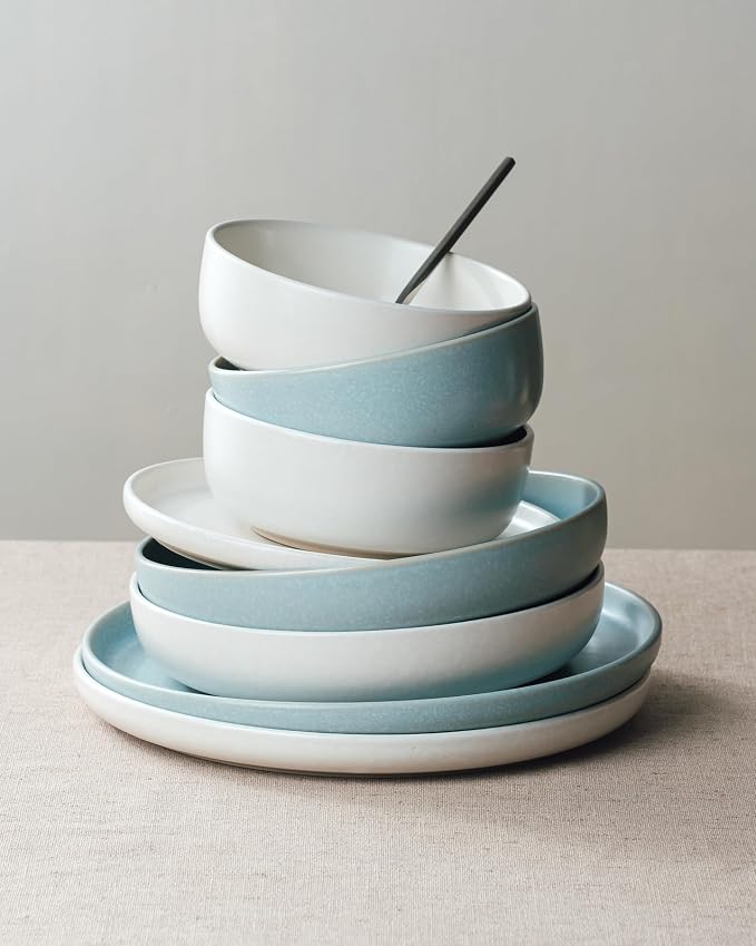 Famiware Milkyway 12-Piece Dinnerware Set, Matte Beige White & Light Blue | Stoneware Plates and Bowls for 4, Reactive Glaze Dish Set, Microwave & Dishwasher Safe, Chip & Scratch Resistant