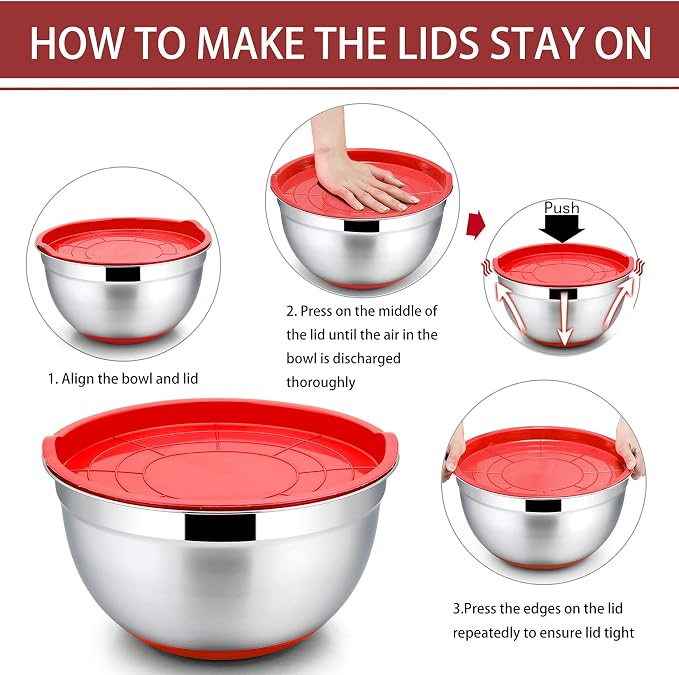 P&P CHEF Stainless Steel Mixing Bowls With Lids, Set of 6, Red | Salad Nesting Mixing Bowls & Fitting Lids & Non-Slip Silicone Bottom, Ideal for Mixing, Storing, Size 0.7/1/1.5/2.5/3/4.6 Qt