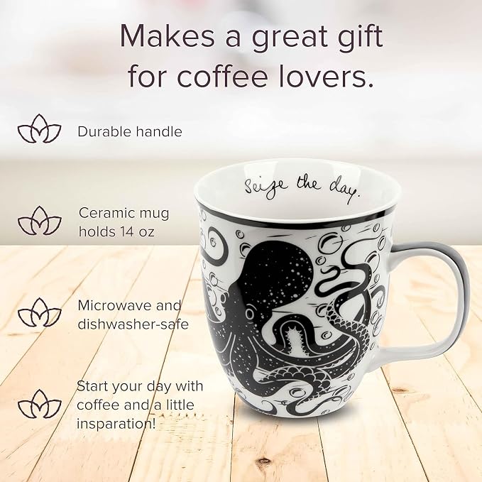 Karma Gifts 14 oz Black and White Boho Mug Octopus - Cute Coffee and Tea Mug - Ceramic Coffee Mugs for Women and Men