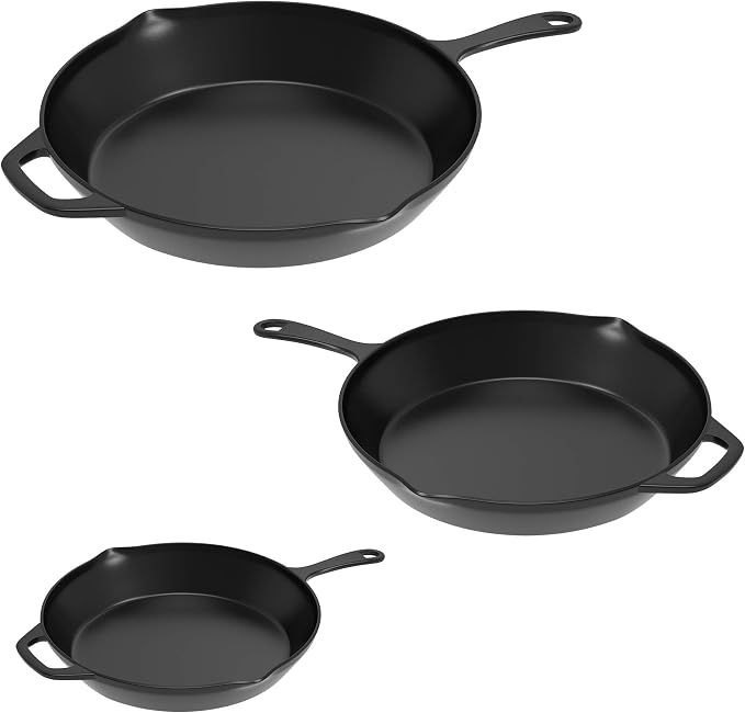 Pre Seasoned Cast Iron Skillets - 3 Pan Set - 9 inches, 8 inches, 6 inches - 1.5 to 2 inches deep - Durable with Strong Handle - Great for both veggies and meat | Pre-Seasoned Cast Iron Skillets - Nonstick Camping Cookware