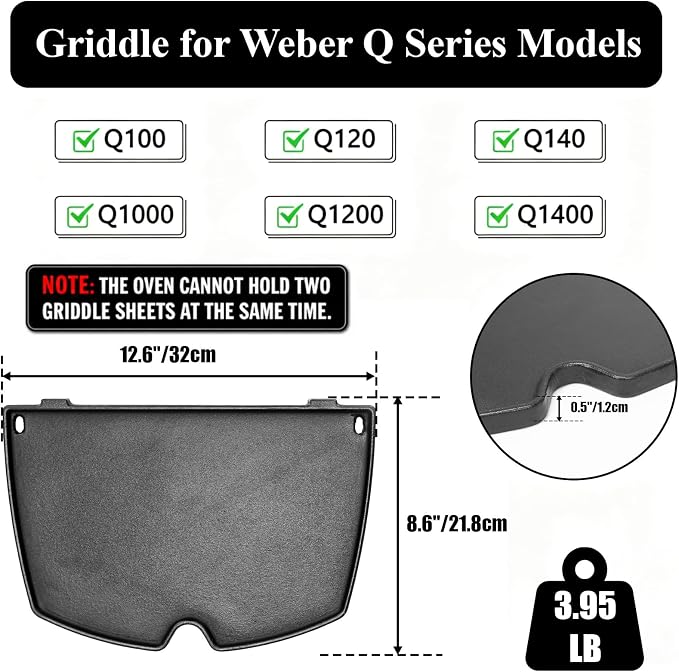 QuliMetal Cast Iron Griddle for Weber Q100, Q120, Q1000 and Q1200 | 12.6 x 8.6 inch replacement griddle for Weber Q series gas grills; replaces Weber 6558