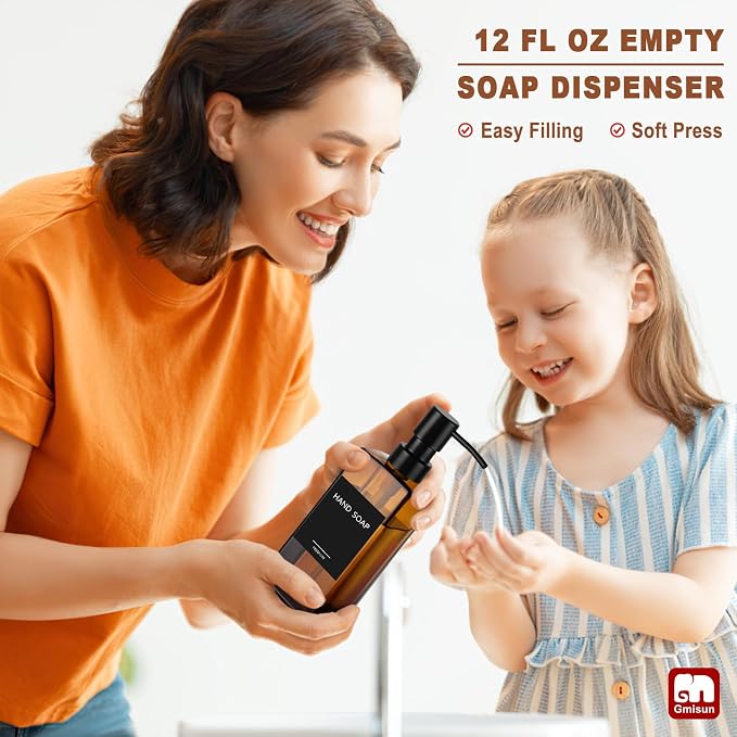 GMISUN Amber Glass Soap Dispenser, Hand Soap Dispenser with Stainless Steel Pump for Bathroom, 12 fl oz/350ml Refillable Dish Dispensers for Kitchen, Modern Liquid Lotion Bottles for Countertop
