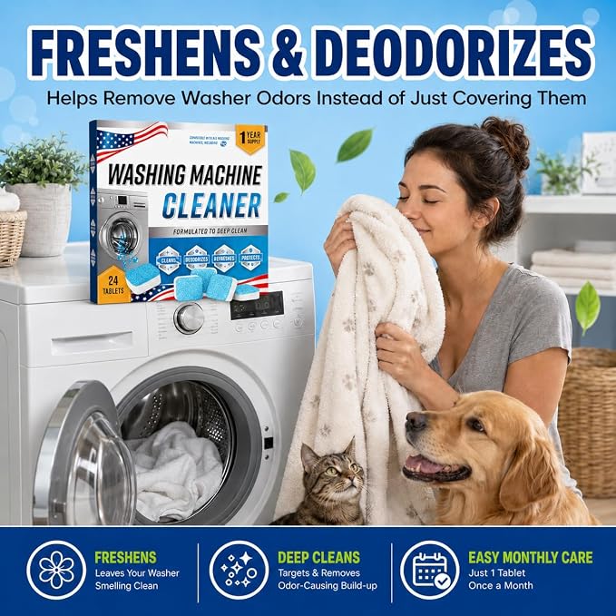 Washing Machine Cleaner Tablets, 24 Pack Enzyme Washer Cleaner | 5X-Power Enzyme Wahser Cleaner Fight Odor Refreshing Laundry, Deep Clean Residue, Grime Compatible with HE, Top & Front Load