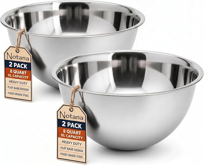 Large Stainless Steel Mixing Bowl 8 Quart - Extra Large Metal Mixing Bowl for Baking, Bread Dough, Salad - Deep Stainless Bowl - Commercial Kitchen Basin - Meal Prep - Stainless Steel- 2 Pack