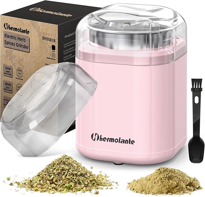 Hermolante Herb and Spice Grinder, 200W Electric With Stainless Steel Blade, Cleaning Brush - Compact Size 5.11in (Pink)