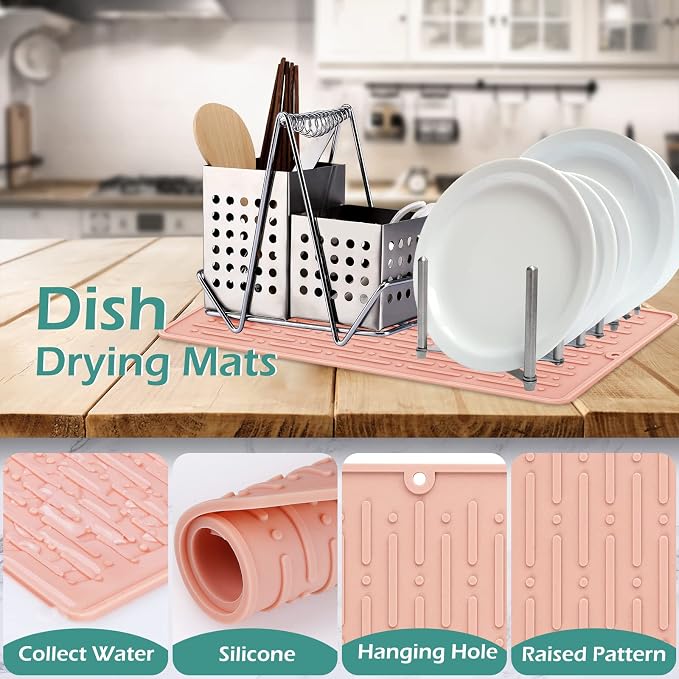 Dish Drying Mats, Heat-resistant Silicone Mat for Kitchen Counter, Non-Slip Dish Dry Mat Dishwasher Safe Large, Pink