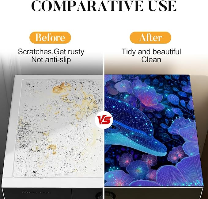 Glowing Dolphin Washer Dryer Top Cover Mat 28.35x20.47 in | Heat Resistant Cooktop Protector Mat with Non-Slip Backing, Scratch Protection and Countertop Drying Mat.