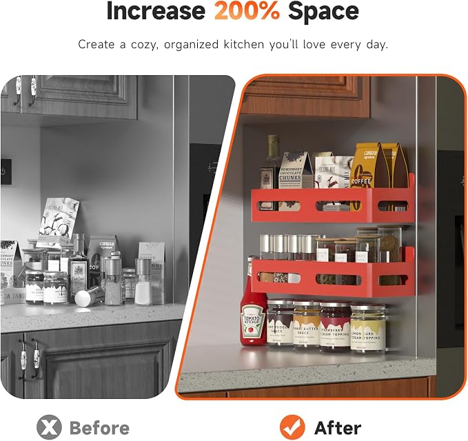 4-Pack Magnetic Spice Rack for Refrigerator with Hooks, Red | Strong multipurpose magnetic shelf for kitchen & bathroom organization. Includes 4 removable hooks for hanging items.