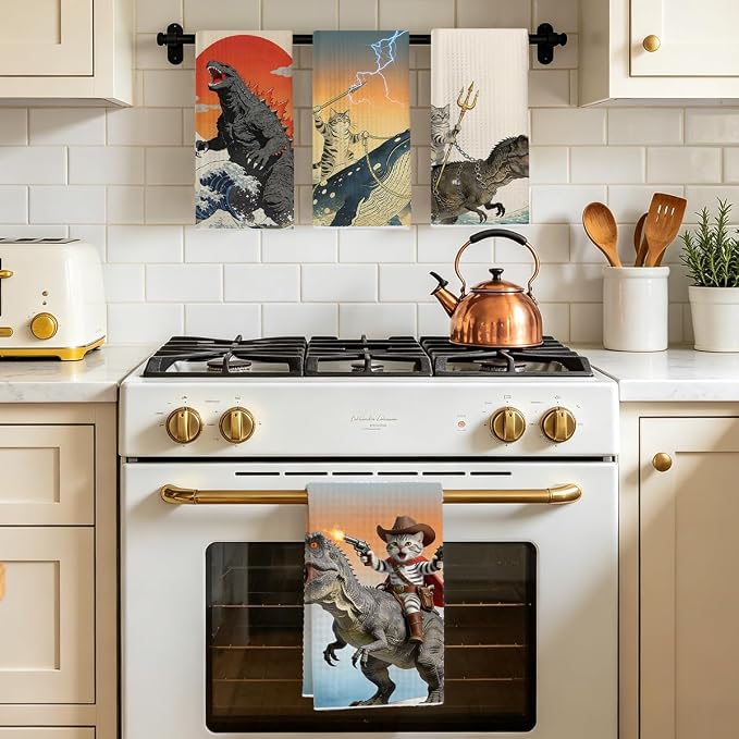 4 Pcs Funny Cat Kitchen Towels, Godzilla Japanese Cats Gifts Hand Towel | Cat Lover Gifts for Women Mom Microfiber Dish Cloths for Drying Dishes, Waffle Dish Towels for Kitchen Home Decor 24x14 Inch