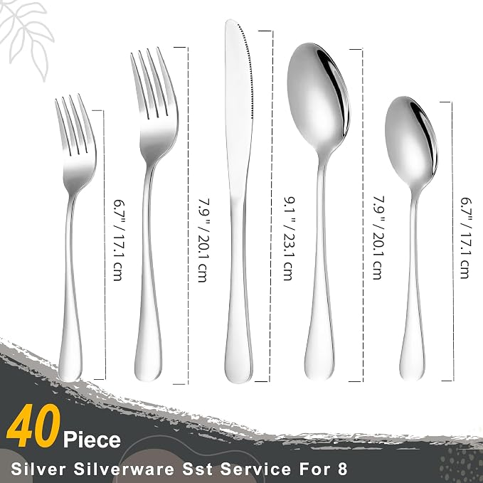 Runfly 40-Piece Silver Flatware Set, Stainless Steel Cutlery Set for 8 | Mirror Polished Durable Utensil Set Includes Knife Fork Spoon for Home Kitchen Restaurant Tableware