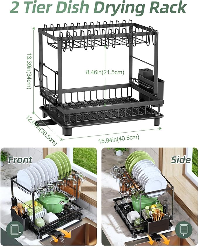 2-Tier Dish Drying Rack for Kitchen Counter, Space-Saving, Black | Rustproof Carbon Steel, Auto Drain Spout, Space-Saving Dish Rack with Drainboard, Utensil & Cup Holders, Countertop Organizer