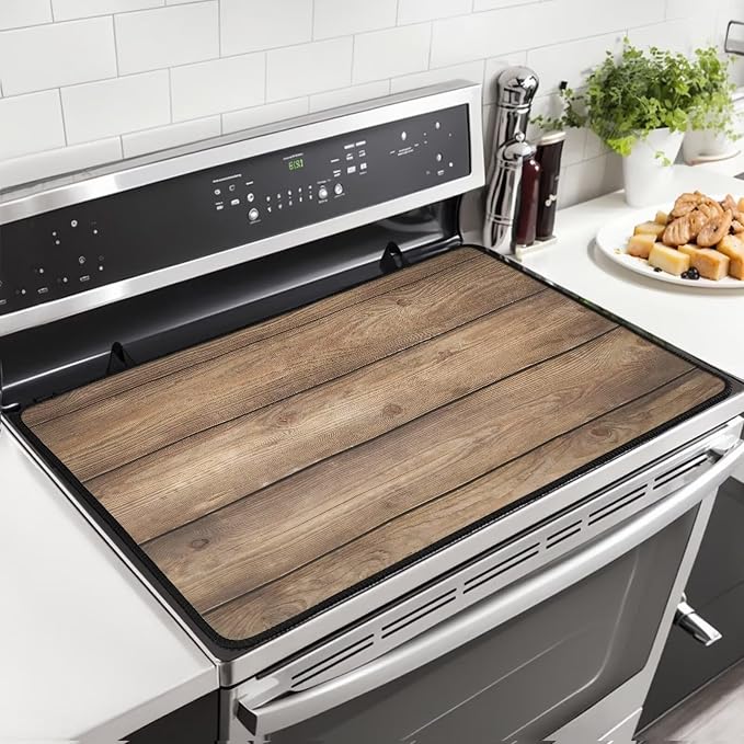 Brown Wood Grain Stove Top Covers for Electric Stove Rustic Western Wooden Planks Glass Top Gas Stove Pad Heat Resistant Range Cooktop Mat for Kitchen 28"x20"
