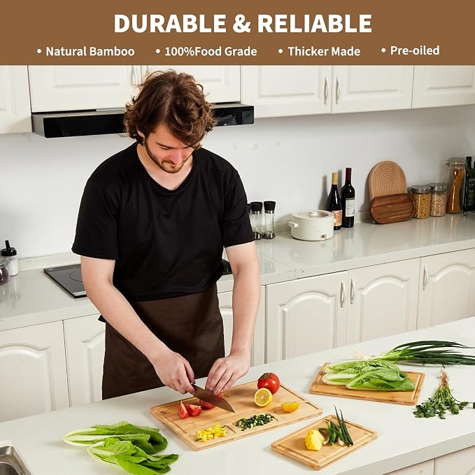 GarveeHome Bamboo Wood Cutting Boards Set of 3 with Compartments – Chopping Boards for Kitchen with Inner Handles and Juice Grooves, Ideal Serving Tray and Butcher Block for Meat, Vegetables