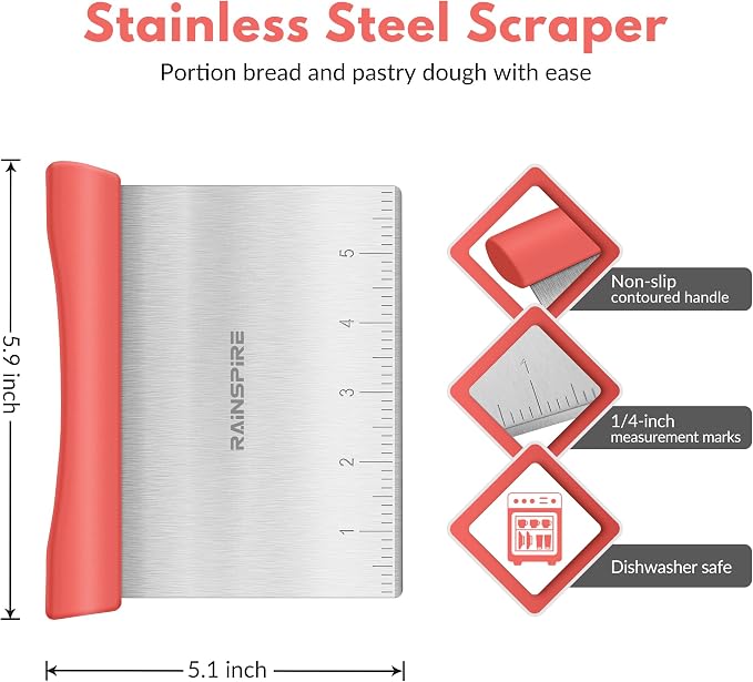 Upgraded 304 Stainless Steel Multi-Purpose Bench Scraper with Measurement Marks, Dishwasher Safe, Dough Cutter for Pizza, Bread and Cookie Dough Vegetable Chopper, Baking Supplies (Coral)