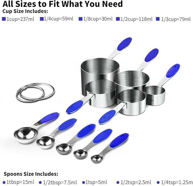 U-Taste Measuring Cups Spoons Set, 18/8 Stainless Steel, 10Pcs, Blue | Upgraded Thickened Handle, Reinforced Welded Joints, Nested Stackable Design, Metal Measure Set for Kitchen Baking Cooking