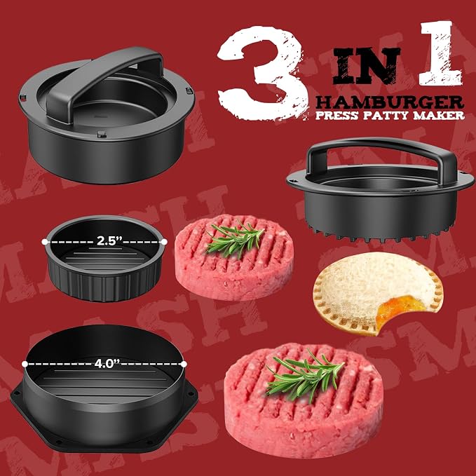 Grilliance Smash Burger Press Kit, 3 in 1 Hamburger Press Patty Maker, Black Cast Iron Burger Press Round & Rectangle, 100pcs Wax Paper for Grill, Griddle, Flat top, Kitchen, Cooking