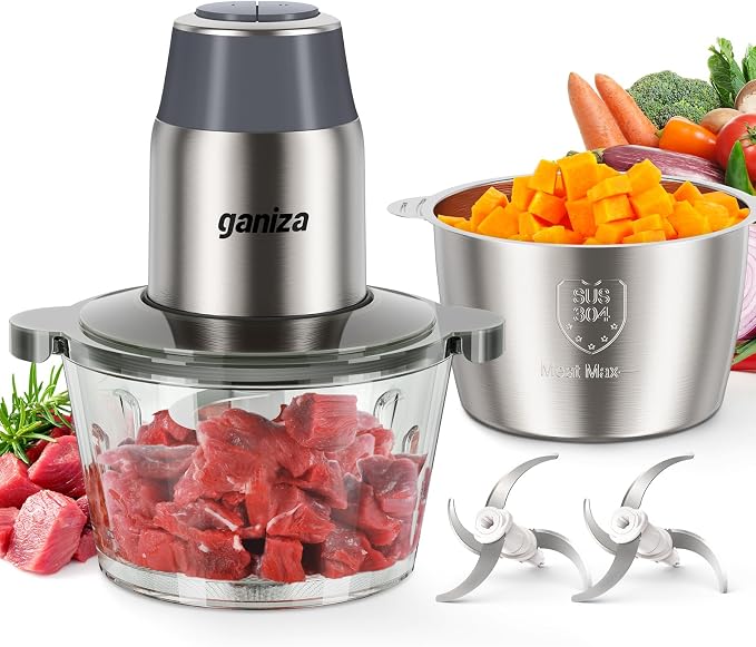 Ganiza Food Processors with 2 Bowls, 450W Meat Grinder Vegetable Chopper | 2-Speed Electric Food Chopper with 8 Cup Glass & 8 Cup Stainless Steel Bowls -Includes 2 Sets of Blades for Fruits/Meat/Nuts