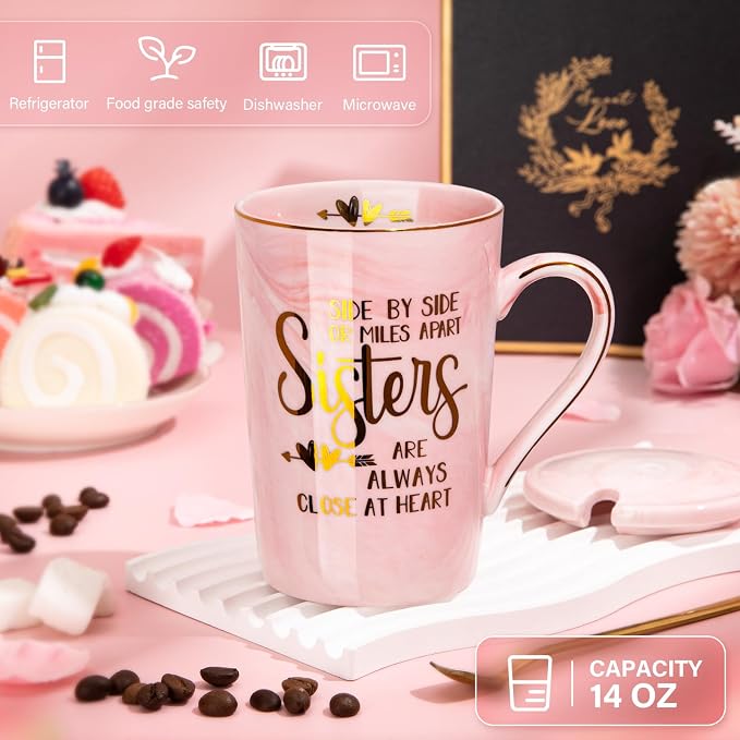 Sister Birthday Gifts for Sister from Brother Sisters, 14oz Sisters Mug | 14oz Pink Marble Coffee Mug with Gold Print, Lid, Spoon, Greeting Card and Elegant Gift Box, Present for Big Sister
