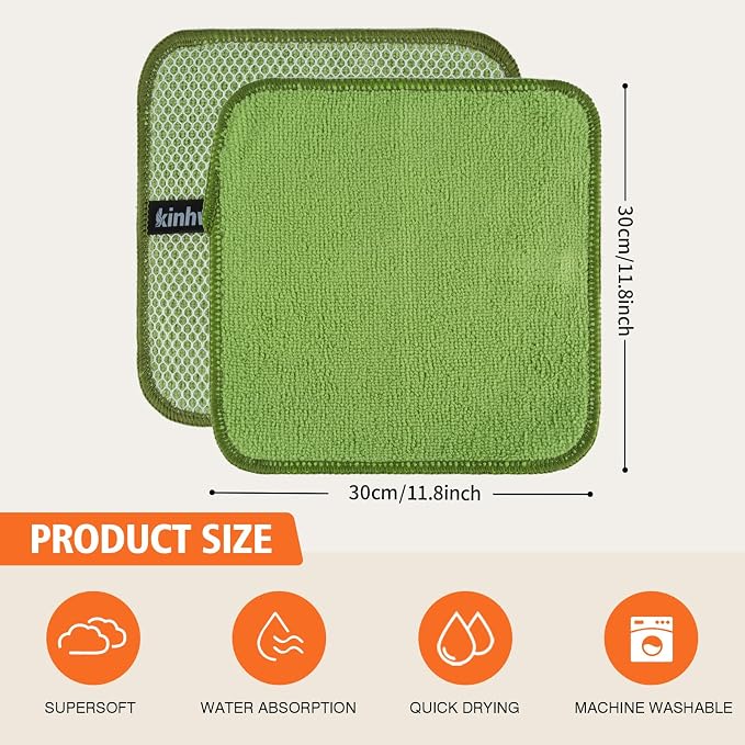 Dish Cloths for Washing Dishes with Scrub Side, Microfiber Dish Rags | Dual-sided microfiber dish cloths with scrubber for stuck-on food, quick dry kitchen washcloths 9 Pack, 12" x 12 Inch Green