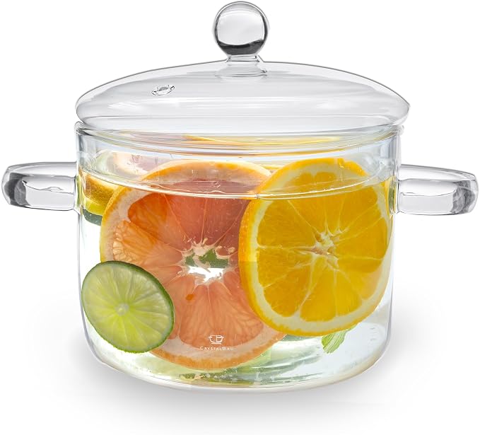 Crystalbru 2L Clear Glass Simmer Pot with Lid & Strainer | Heat-Resistant Borosilicate Glass Pot for Potpourri | Simmer Pot for Home Fragrance | Glass Pots for Cooking on Stove | Anti-Scald Handles