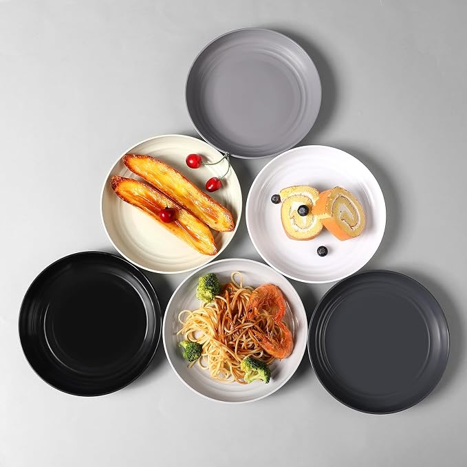 HEYCOME 12 Pcs Unbreakable Deep Dessert Plates Set, 8 inch Reusable Plastic Wheat Straw Plates, Microwave and Dishwasher Safe Plate for Kitchen, Lightweight Plate for Dessert, BPA Free, 6 Colors